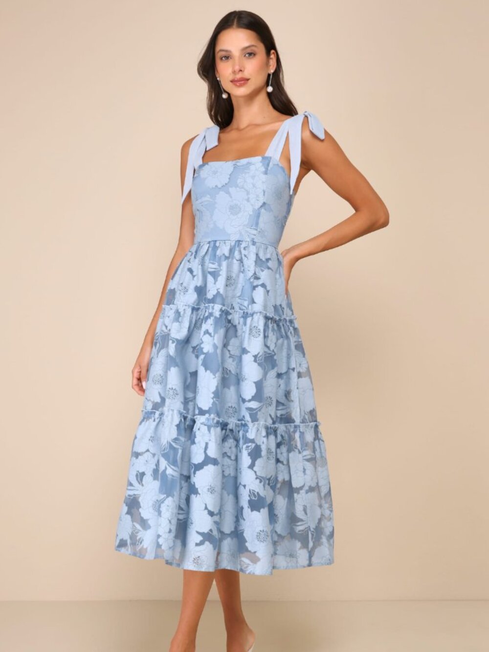 Lulu's - Proof of Perfection Blue Floral Tiered Tie-Strap Midi Dress
